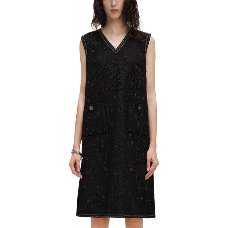 Order (W) KARL LAGERFELD Gaun Midi Tanpa Lengan V-Neck Tweed Hitam 241L1314