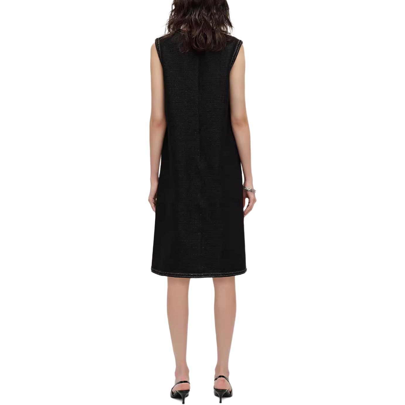 Shop (W) KARL LAGERFELD Gaun Midi Tanpa Lengan V-Neck Tweed Hitam 241L1314