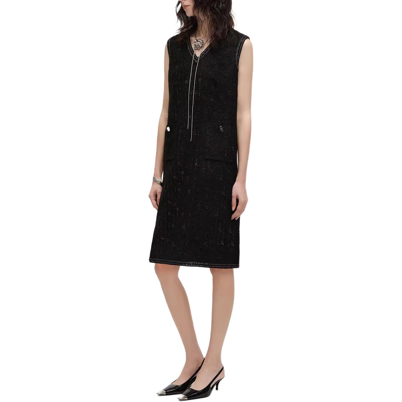 Purchase (W) KARL LAGERFELD Gaun Midi Tanpa Lengan V-Neck Tweed Hitam 241L1314