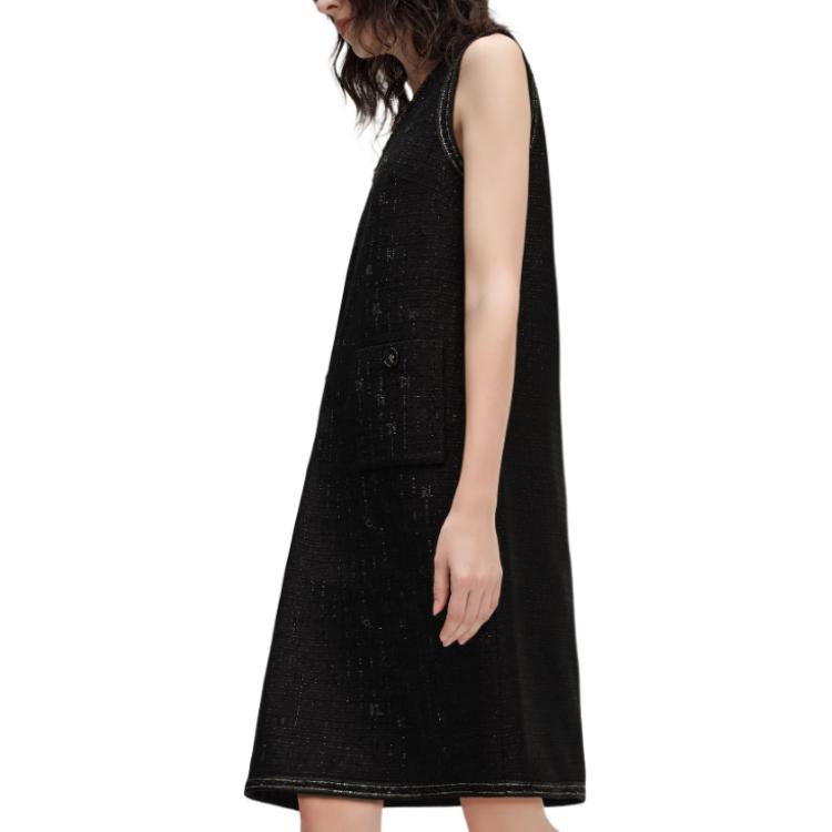 Details for (W) KARL LAGERFELD Gaun Midi Tanpa Lengan V-Neck Tweed Hitam 241L1314