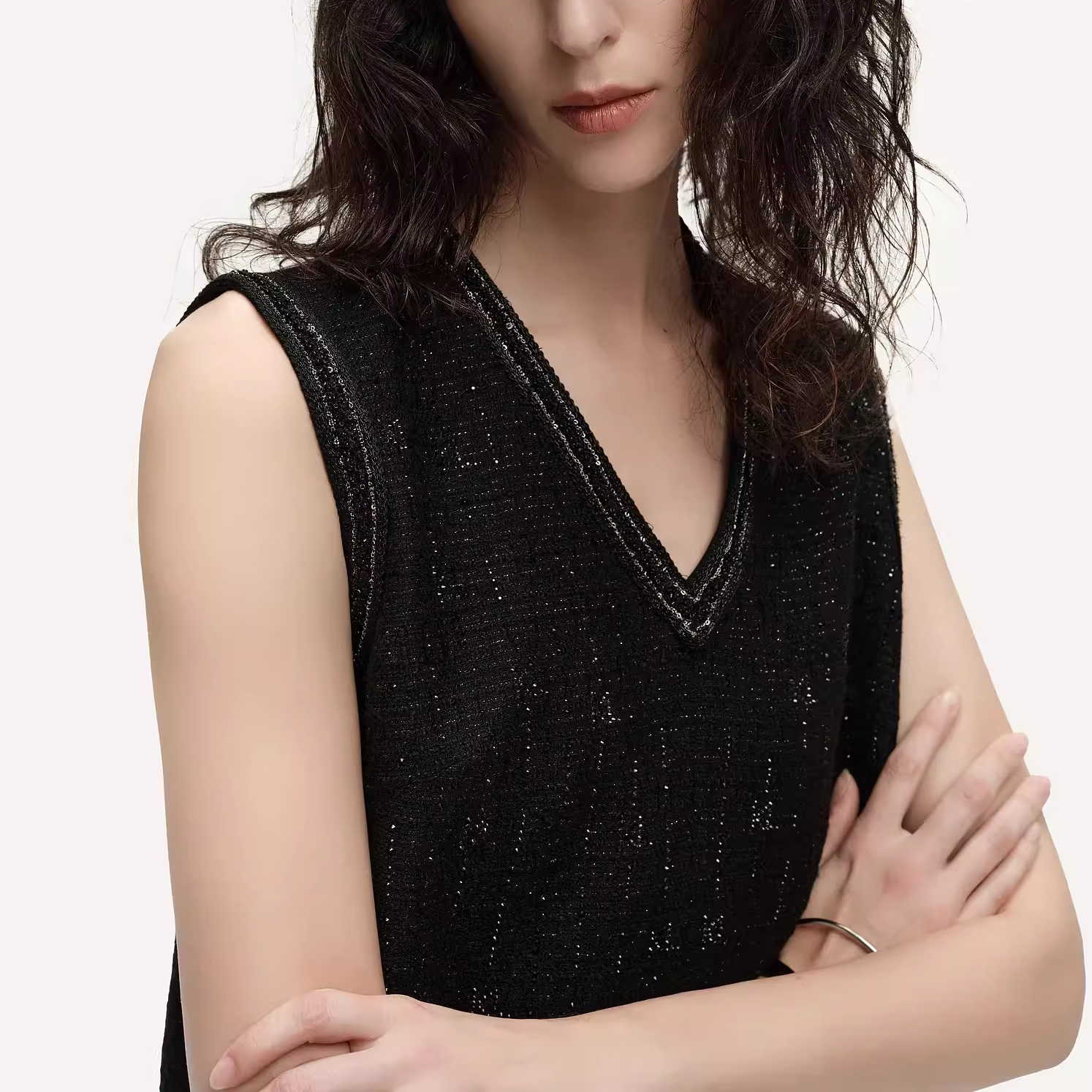 Sizing (W) KARL LAGERFELD Gaun Midi Tanpa Lengan V-Neck Tweed Hitam 241L1314