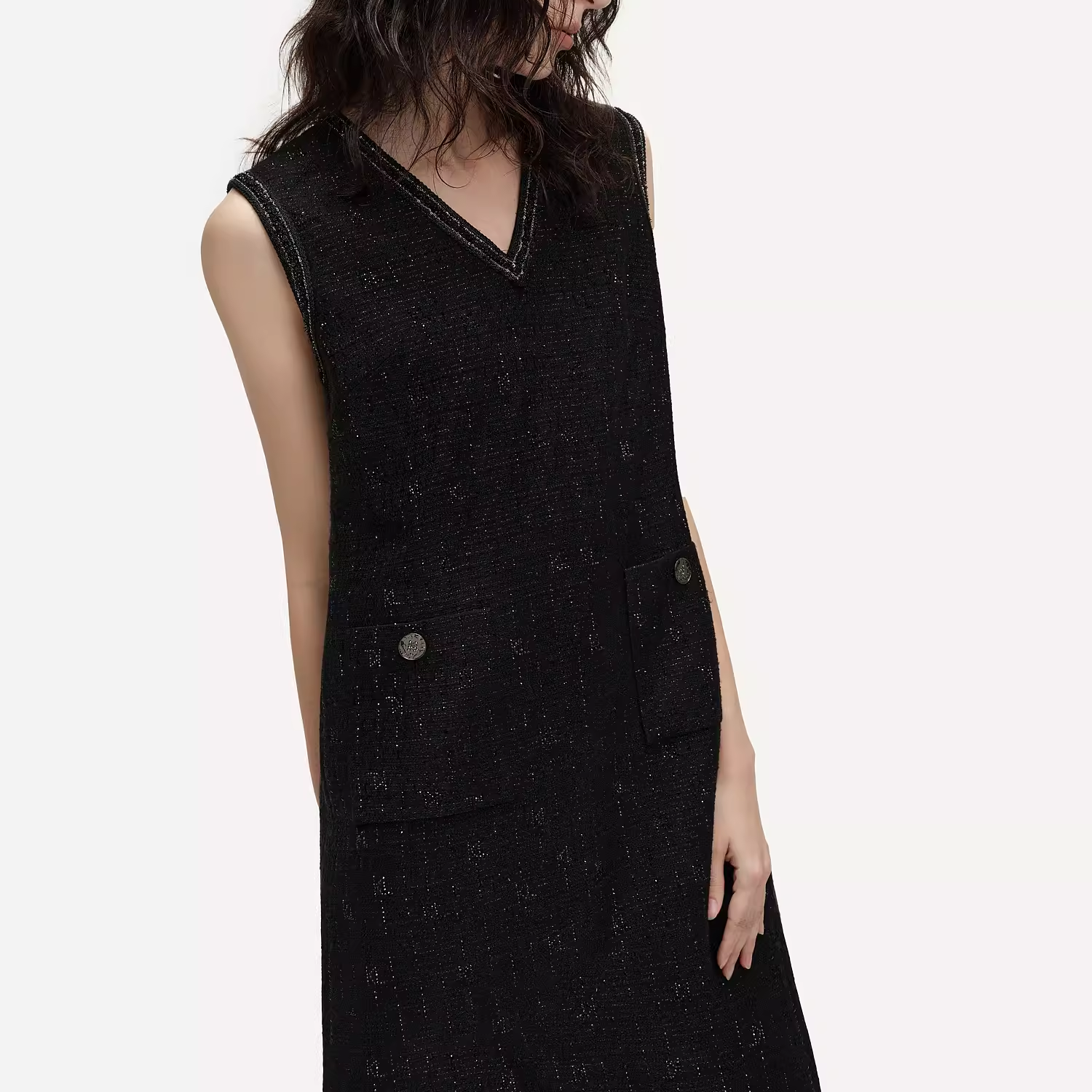 Cheap (W) KARL LAGERFELD Gaun Midi Tanpa Lengan V-Neck Tweed Hitam 241L1314