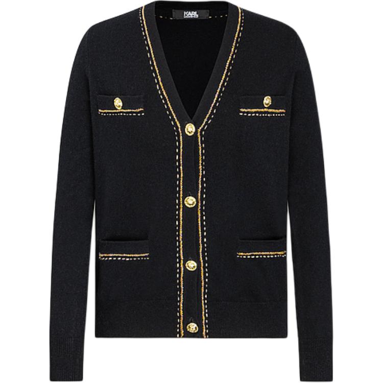 Order (Women) KARL LAGERFELD  Black V-Neck Long Sleeve Knit Cardigan Sweater E41W2063