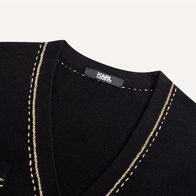 (Women) KARL LAGERFELD Black V-Neck Long Sleeve Knit Cardigan Sweater E41W2063 Purchase (Women) KARL LAGERFELD Black V-Neck Long Sleeve Knit Cardigan Sweater E41W2063