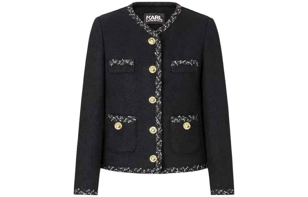 Order (W) カール・ラガーフェルド ブラック Vネック シングル ジャケット 長袖 E37W1538999