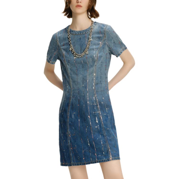 (Women) KARL LAGERFELD  Blue Sequin Gradient Denim Short Sleeve Mini Dress 241L1343