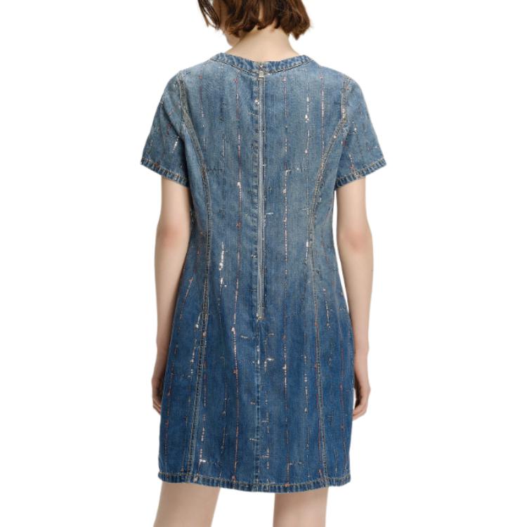 Lookbook (Women) KARL LAGERFELD  Blue Sequin Gradient Denim Short Sleeve Mini Dress 241L1343