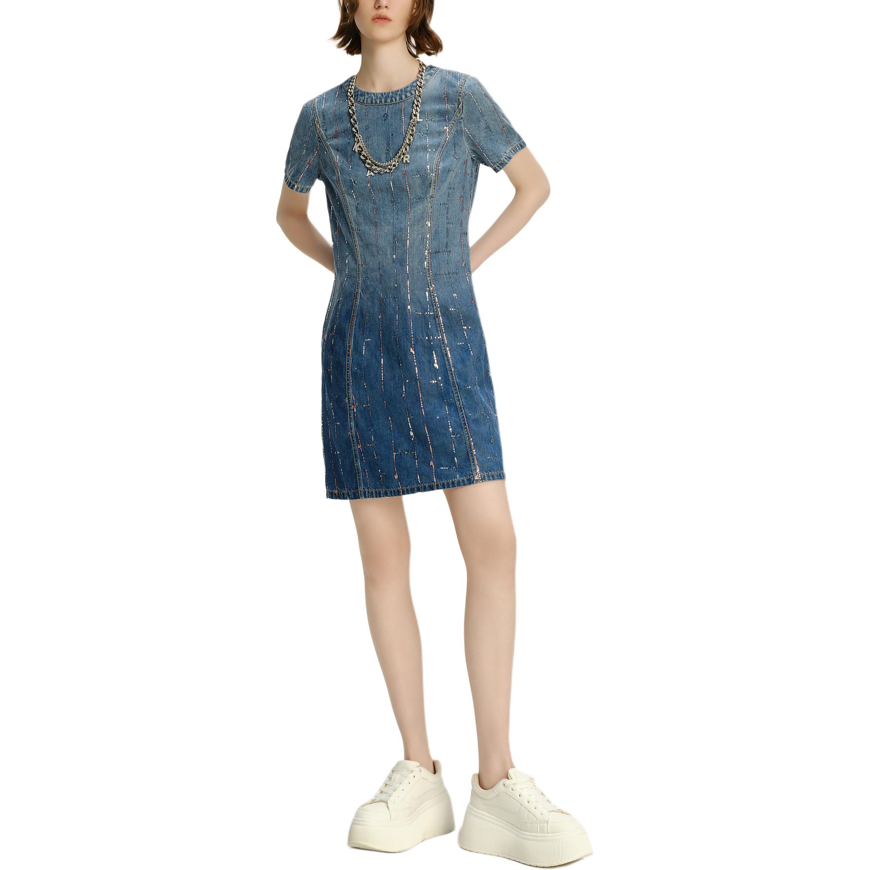 Shop (Women) KARL LAGERFELD  Blue Sequin Gradient Denim Short Sleeve Mini Dress 241L1343