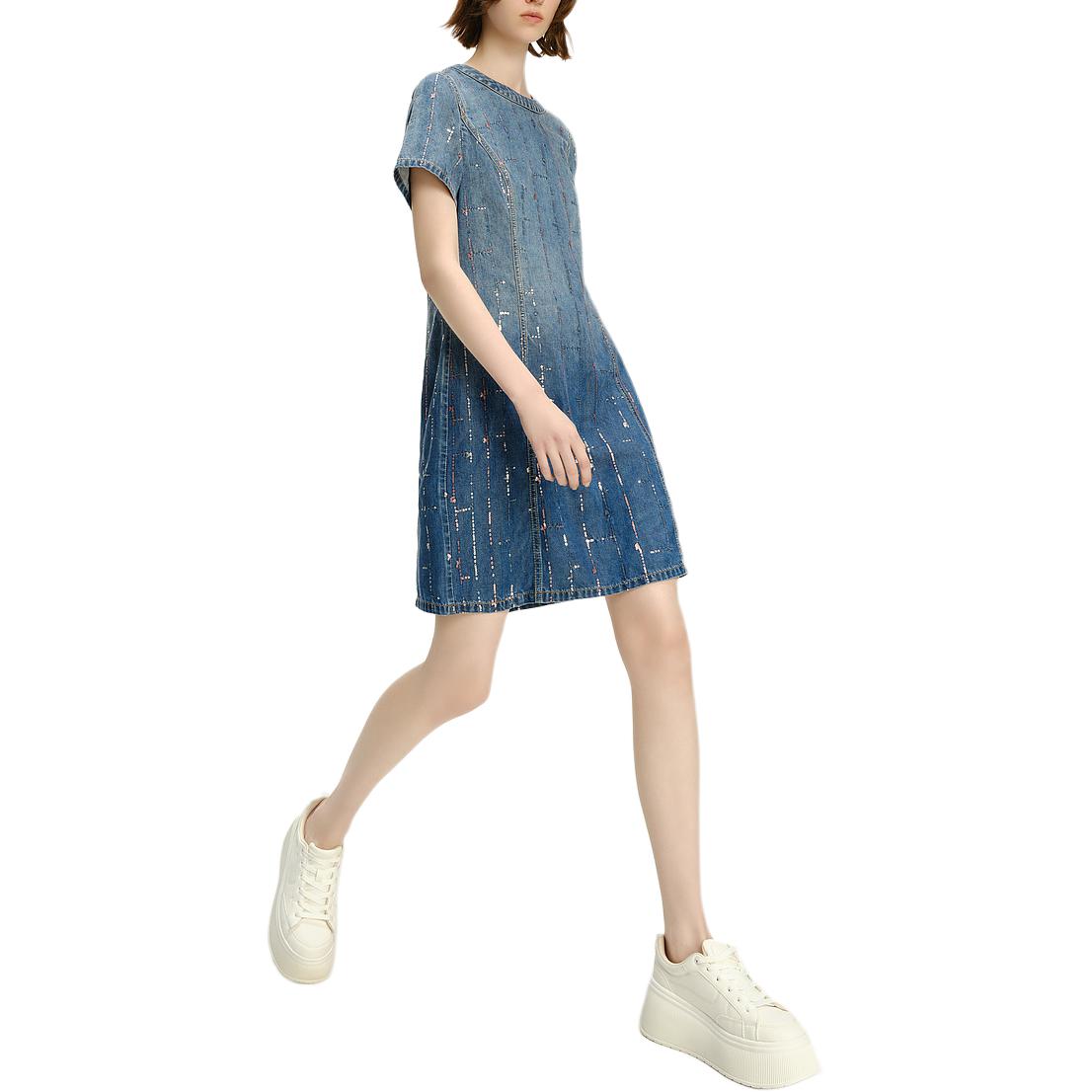 Details for (Women) KARL LAGERFELD  Blue Sequin Gradient Denim Short Sleeve Mini Dress 241L1343
