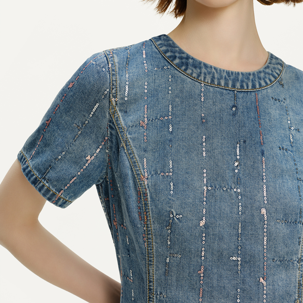 Cheap (Women) KARL LAGERFELD  Blue Sequin Gradient Denim Short Sleeve Mini Dress 241L1343