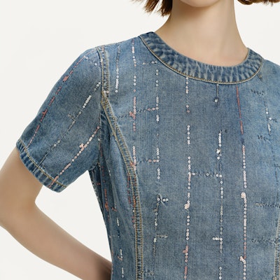 (Women) KARL LAGERFELD Blue Sequin Gradient Denim Short Sleeve Mini Dress 241L1343 Cheap (Women) KARL LAGERFELD Blue Sequin Gradient Denim Short Sleeve Mini Dress 241L1343