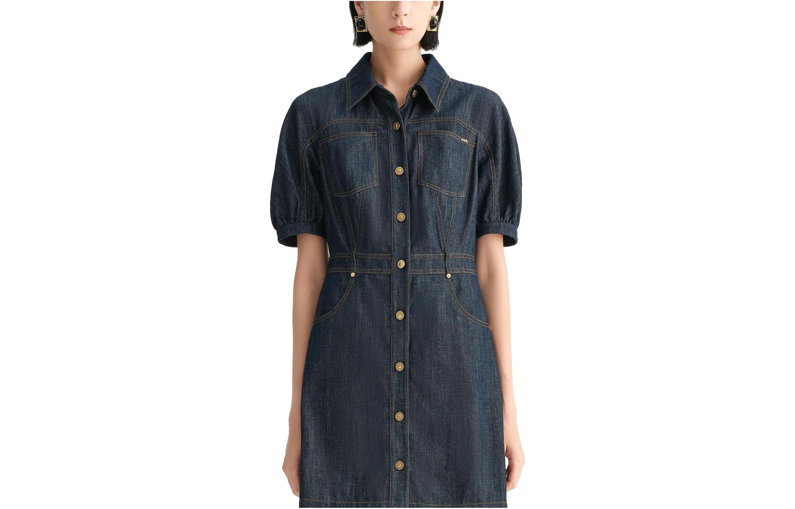 Order (W) 卡尔·拉格斐 蓝色短袖修身优雅连衣裙 231L1349