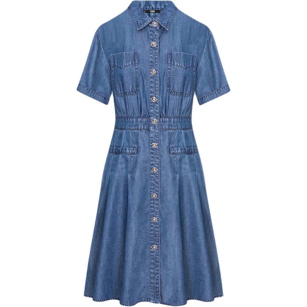 Order (Women) KARL LAGERFELD  Blue SS24 Solid Short Sleeve Collared Waist Dress Casual E42W1373
