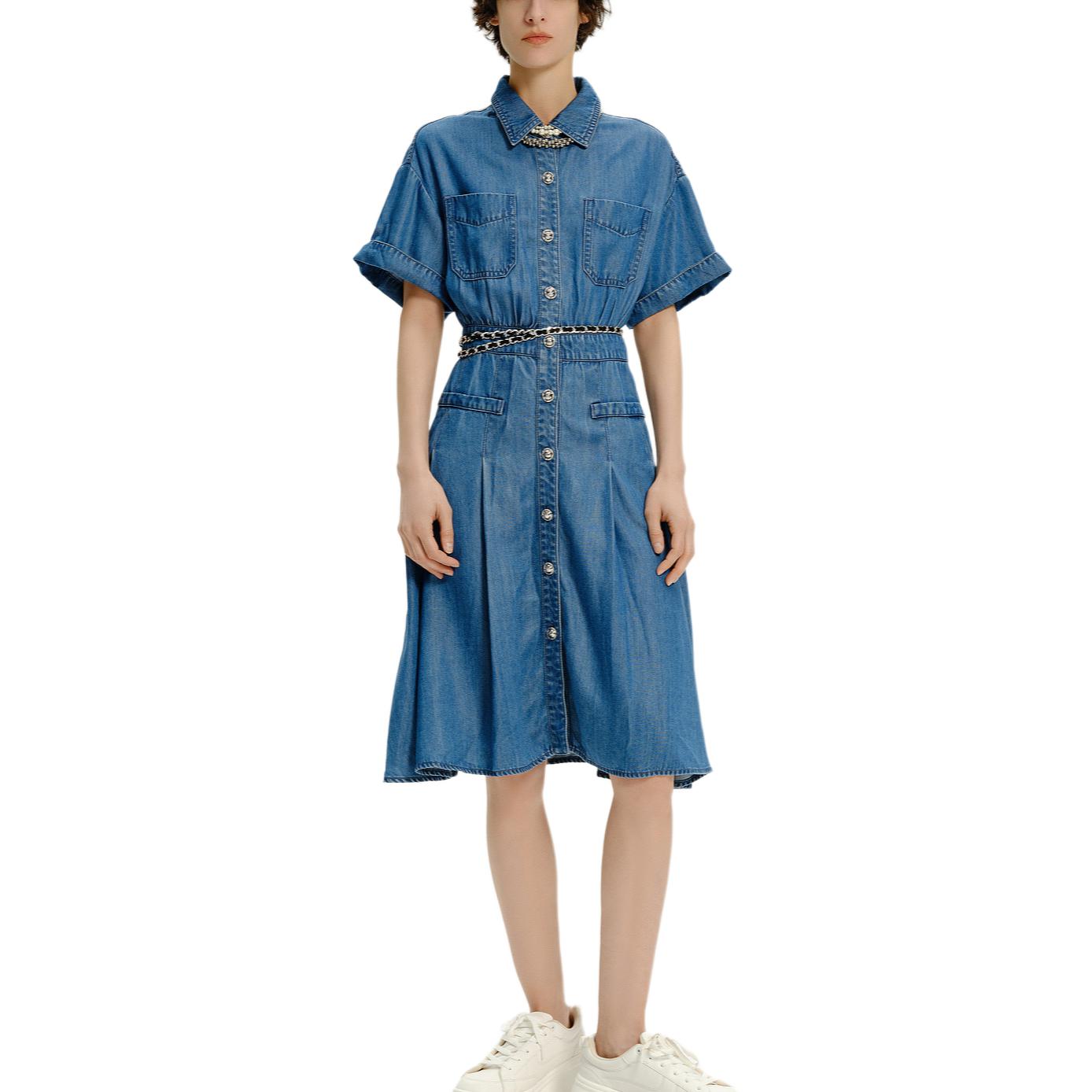 Lookbook (Women) KARL LAGERFELD  Blue SS24 Solid Short Sleeve Collared Waist Dress Casual E42W1373