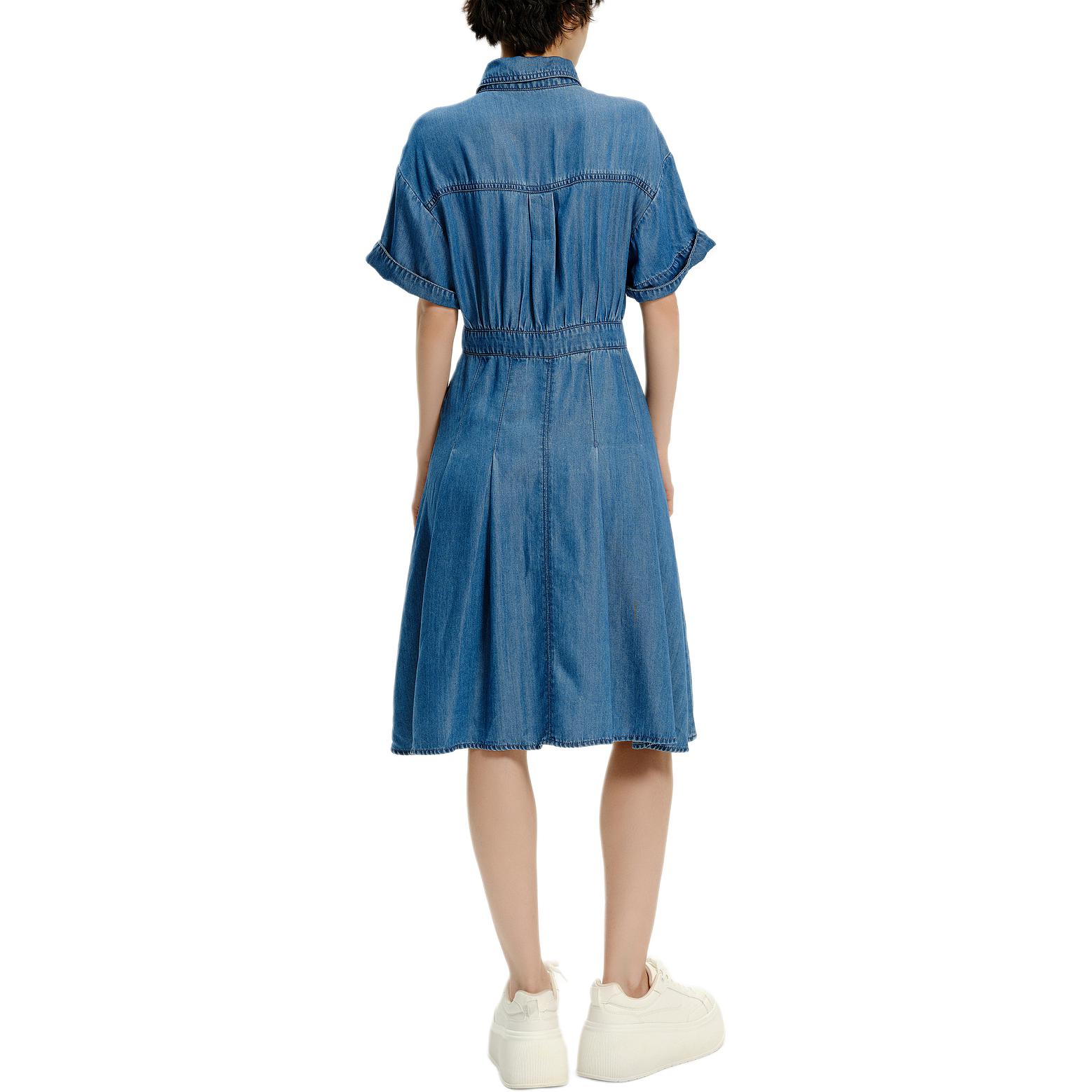 Shop (Women) KARL LAGERFELD  Blue SS24 Solid Short Sleeve Collared Waist Dress Casual E42W1373