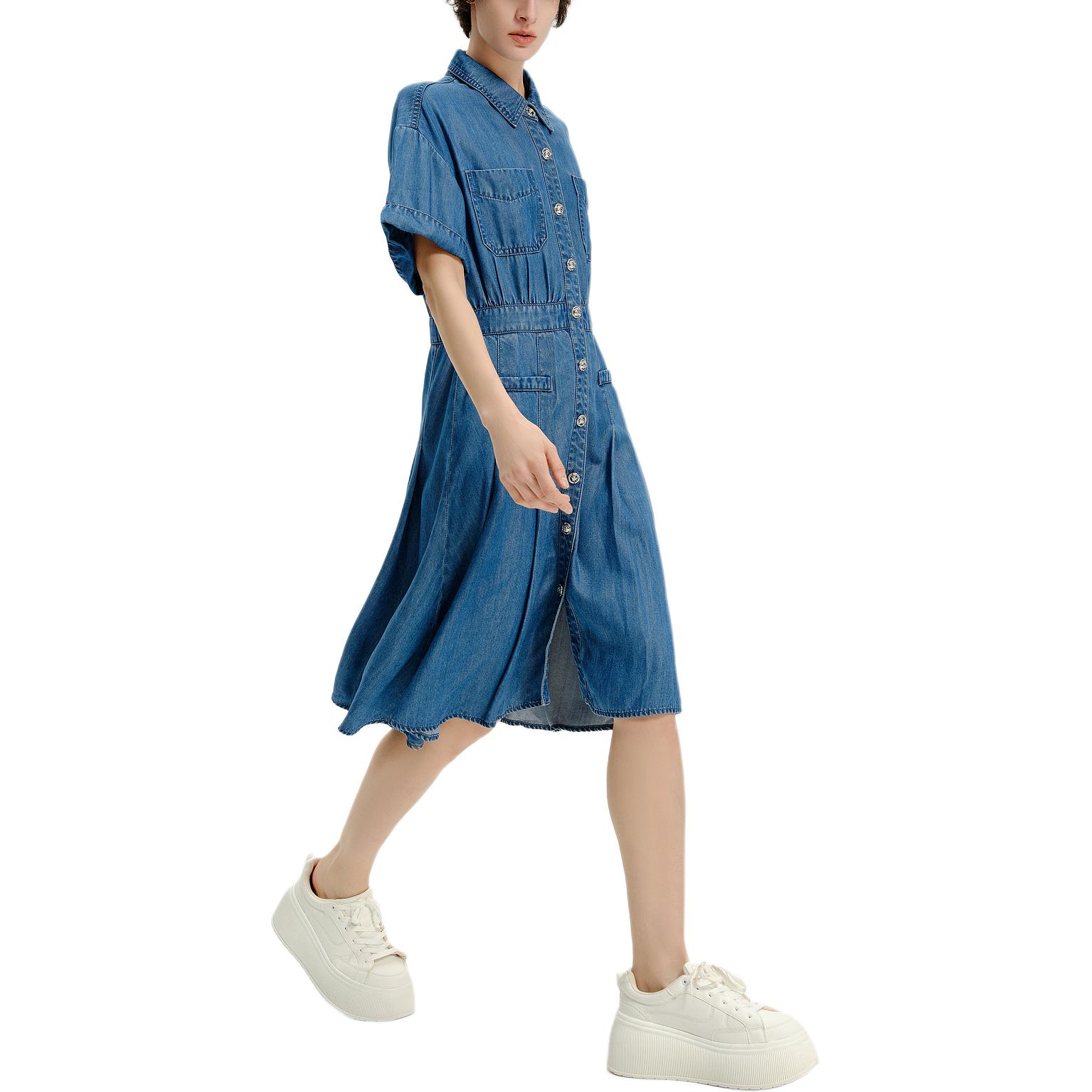 Purchase (Women) KARL LAGERFELD  Blue SS24 Solid Short Sleeve Collared Waist Dress Casual E42W1373