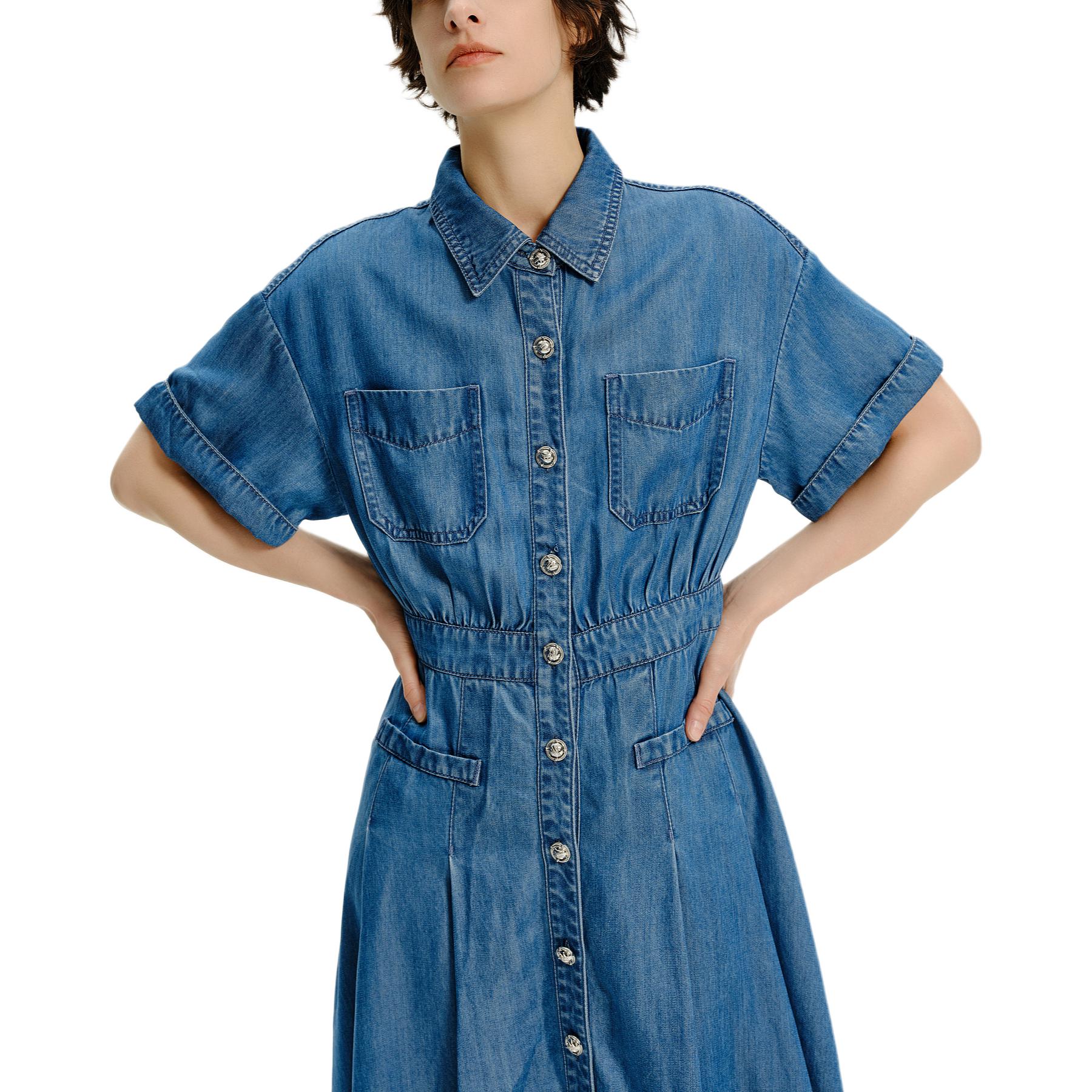 Details for (Women) KARL LAGERFELD  Blue SS24 Solid Short Sleeve Collared Waist Dress Casual E42W1373
