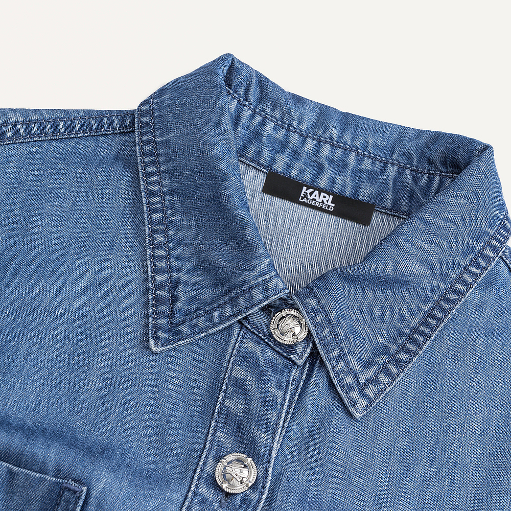 Sizing (Women) KARL LAGERFELD  Blue SS24 Solid Short Sleeve Collared Waist Dress Casual E42W1373