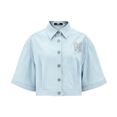 (Women) KARL LAGERFELD Blue Striped Short Sleeve Shirt for Daily Casual Wear 231L1443