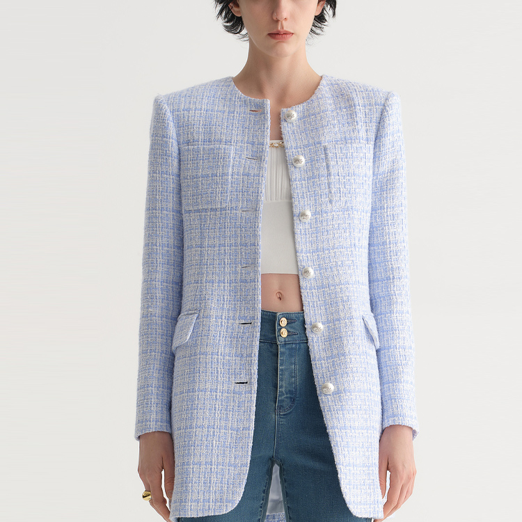 Lookbook (Women) KARL LAGERFELD  Blue Tweed Long-Sleeve Button-Up Jacket 231L1403