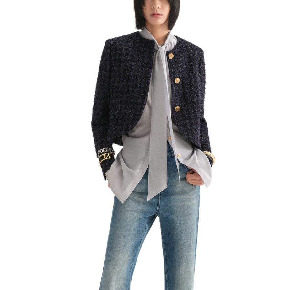 Lookbook (W) カール ラガーフェルド ブルー ツイード 長袖 ボタンアップ ジャケット。 236L1452