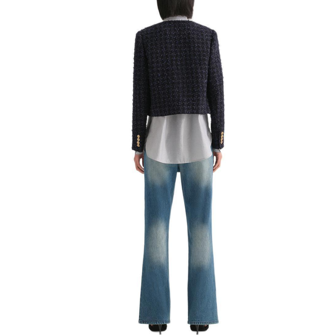 Shop (W) カール ラガーフェルド ブルー ツイード 長袖 ボタンアップ ジャケット。 236L1452