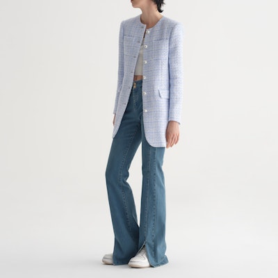(Women) KARL LAGERFELD Blue Tweed Long-Sleeve Button-Up Jacket 231L1403 Purchase (Women) KARL LAGERFELD Blue Tweed Long-Sleeve Button-Up Jacket 231L1403