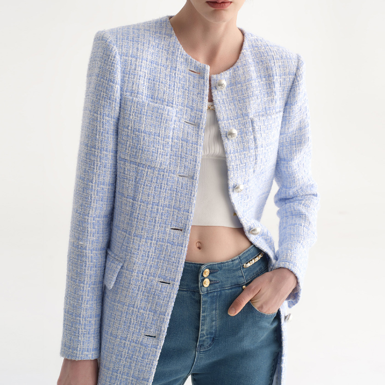Details for (Women) KARL LAGERFELD  Blue Tweed Long-Sleeve Button-Up Jacket 231L1403