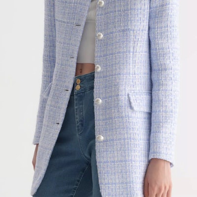 (Women) KARL LAGERFELD Blue Tweed Long-Sleeve Button-Up Jacket 231L1403 Sizing (Women) KARL LAGERFELD Blue Tweed Long-Sleeve Button-Up Jacket 231L1403