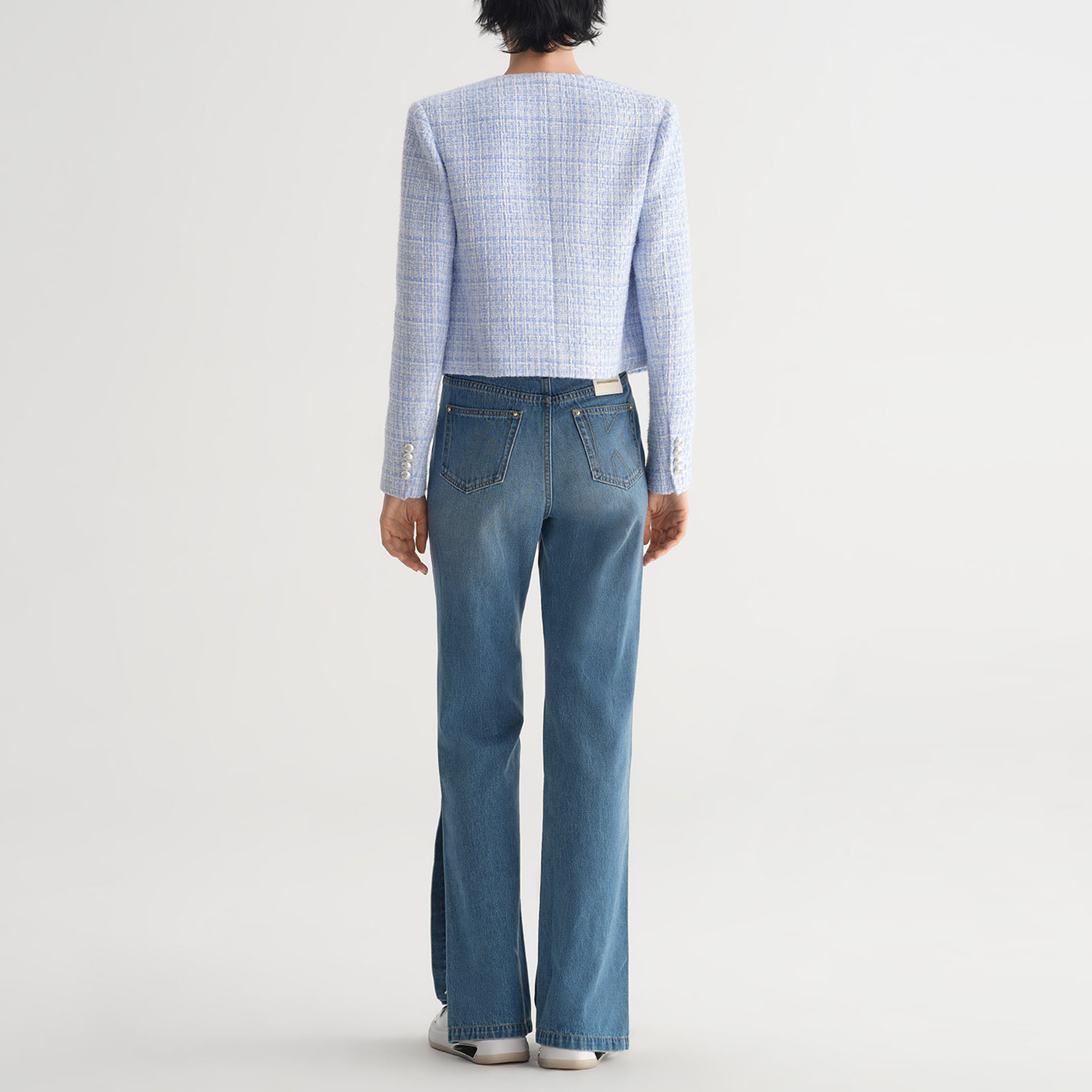 Shop (Women) KARL LAGERFELD  Blue Tweed Single-Breasted Short Jacket 231L1402