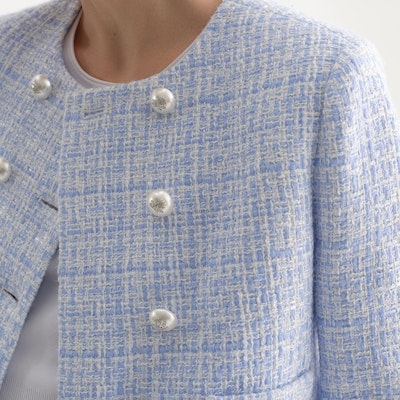 (Women) KARL LAGERFELD Blue Tweed Single-Breasted Short Jacket 231L1402 Details for (Women) KARL LAGERFELD Blue Tweed Single-Breasted Short Jacket 231L1402