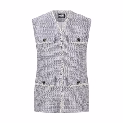 (Women) KARL LAGERFELD Blue Tweed V-Neck Pocket Vest. E36W1592