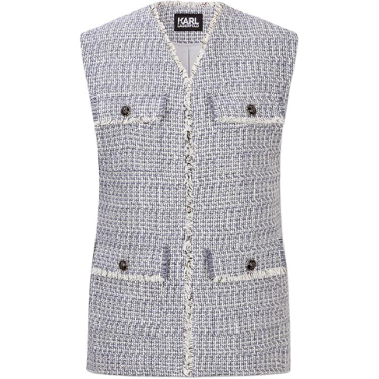 Order (Women) KARL LAGERFELD  Blue Tweed V-Neck Pocket Vest. E36W1592