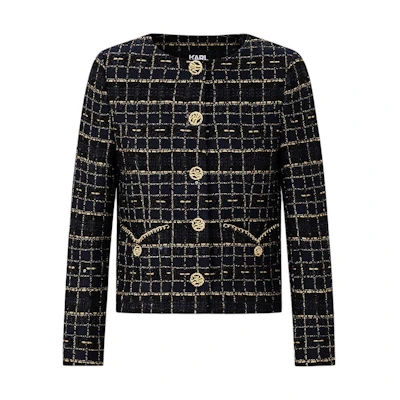 (Women) KARL LAGERFELD Classic Black Gold Plaid Jacket Long Sleeve Short Coat. E41W1512