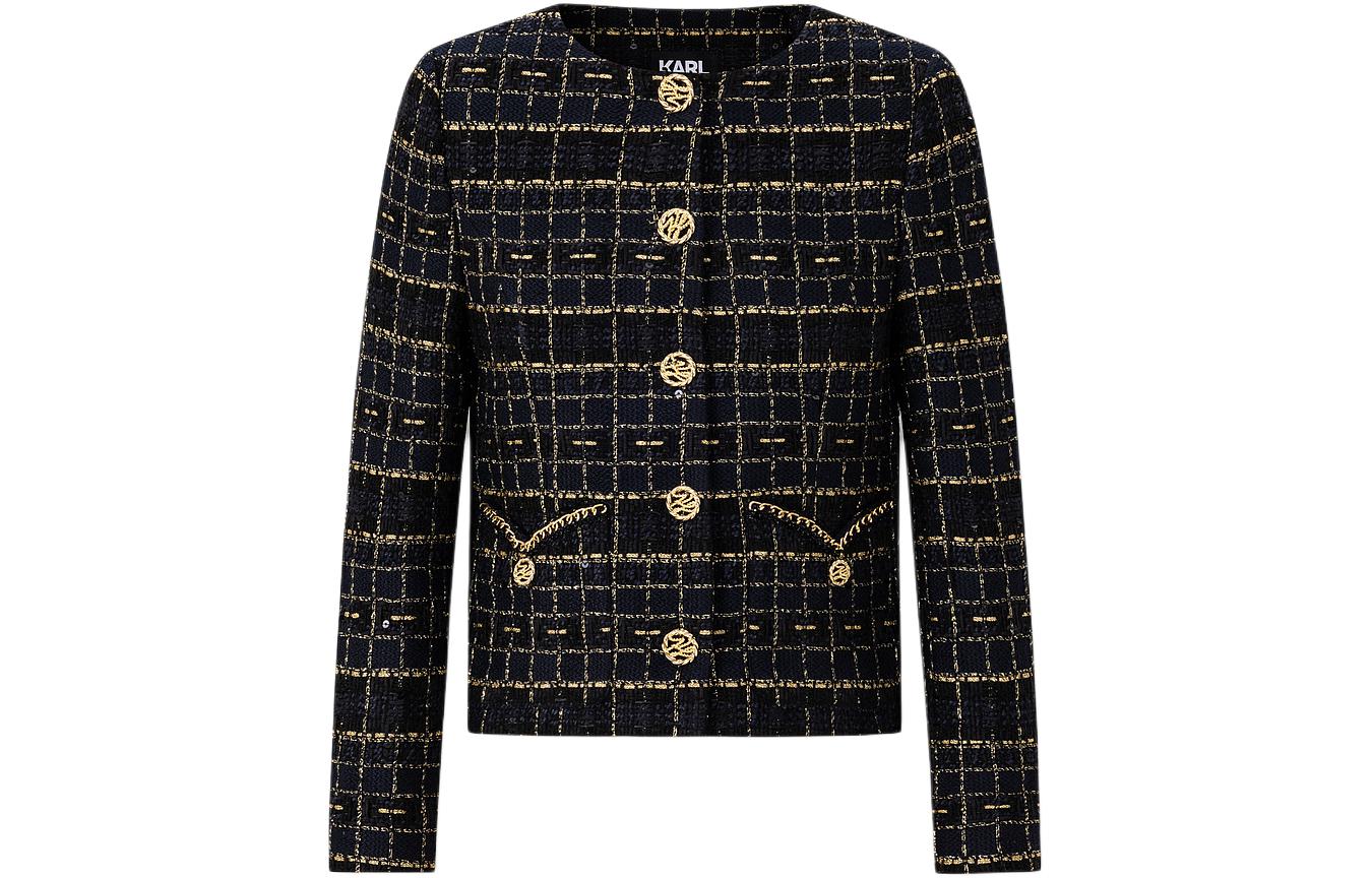 Order (Women) KARL LAGERFELD  Classic Black Gold Plaid Jacket Long Sleeve Short Coat. E41W1512