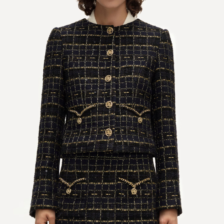 Lookbook (Women) KARL LAGERFELD  Classic Black Gold Plaid Jacket Long Sleeve Short Coat. E41W1512
