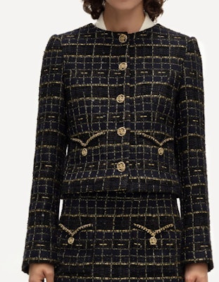 (W) KARL LAGERFELD Jaket Plaid Hitam Emas Klasik Lengan Panjang Pendek. E41W1512 Lookbook (W) KARL LAGERFELD Jaket Plaid Hitam Emas Klasik Lengan Panjang Pendek. E41W1512