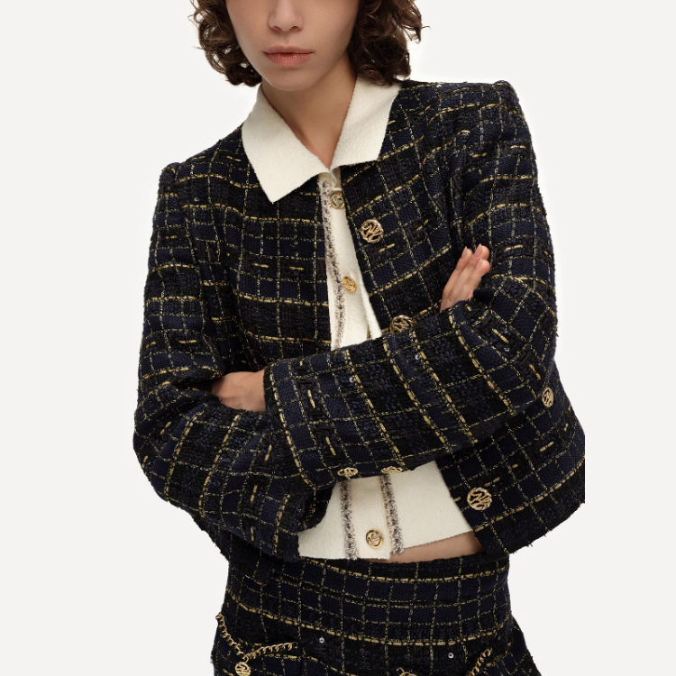 Shop (Women) KARL LAGERFELD  Classic Black Gold Plaid Jacket Long Sleeve Short Coat. E41W1512