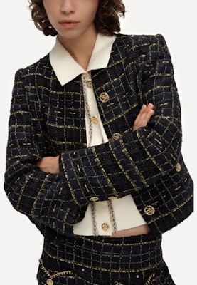 (W) KARL LAGERFELD Jaket Plaid Hitam Emas Klasik Lengan Panjang Pendek. E41W1512 Shop (W) KARL LAGERFELD Jaket Plaid Hitam Emas Klasik Lengan Panjang Pendek. E41W1512