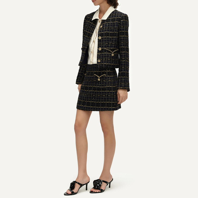 Purchase (Women) KARL LAGERFELD  Classic Black Gold Plaid Jacket Long Sleeve Short Coat. E41W1512