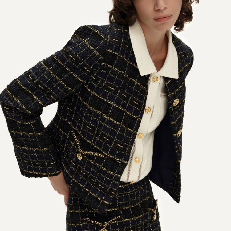 Details for (Women) KARL LAGERFELD  Classic Black Gold Plaid Jacket Long Sleeve Short Coat. E41W1512