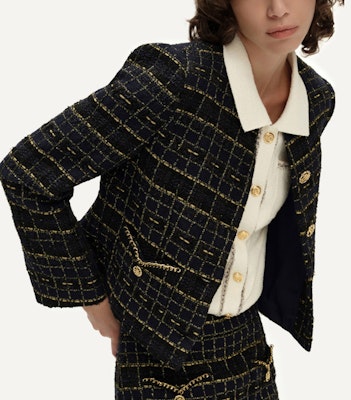 (W) KARL LAGERFELD Jaket Plaid Hitam Emas Klasik Lengan Panjang Pendek. E41W1512 Details for (W) KARL LAGERFELD Jaket Plaid Hitam Emas Klasik Lengan Panjang Pendek. E41W1512