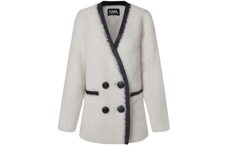 (Women) KARL LAGERFELD  Double-Breasted Mid-Length Coat with Striped Trim. 227L1904