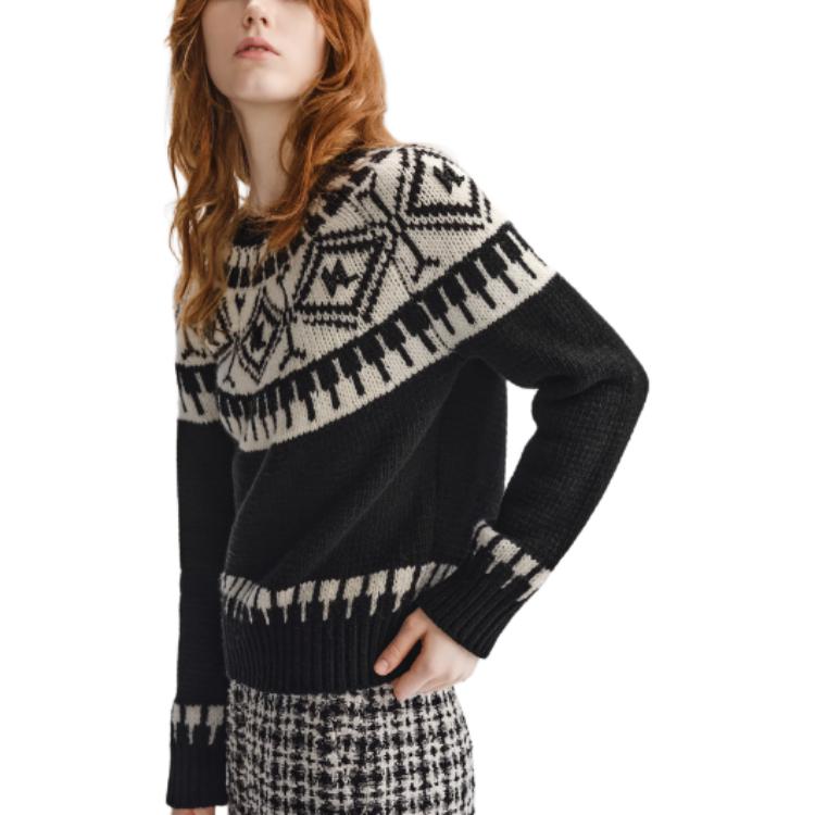 Sizing (Women) KARL LAGERFELD  Fair Isle Knit Sweater Black White Casual Wear 236L2010
