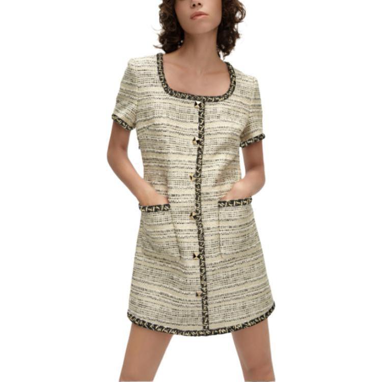 (Women) KARL LAGERFELD  Gold SS24 Short Sleeve Slim Dress with Contrast Trim. E41W1365