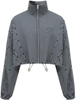 (Women) KARL LAGERFELD Gray Logo Print Plaid Jacket with Striped Trim. 231L1516 (Women) KARL LAGERFELD Gray Logo Print Plaid Jacket with Striped Trim. 231L1516
