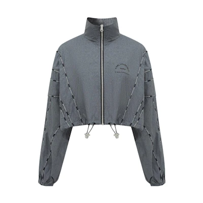 (Women) KARL LAGERFELD Gray Logo Print Plaid Jacket with Striped Trim. 231L1516