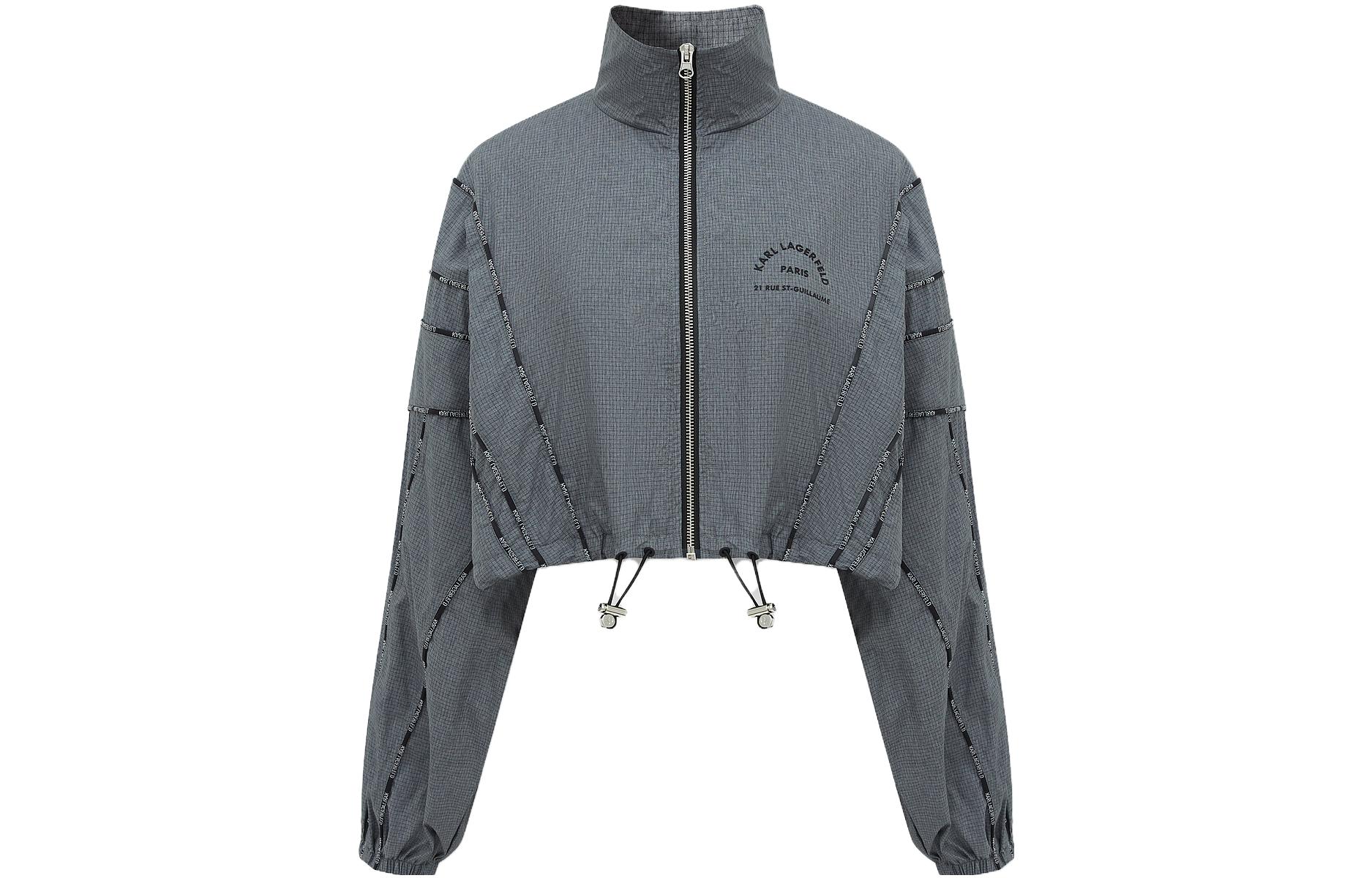 Order (Women) KARL LAGERFELD  Gray Logo Print Plaid Jacket with Striped Trim. 231L1516