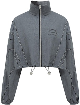 (Women) KARL LAGERFELD Gray Logo Print Plaid Jacket with Striped Trim. 231L1516 Order (Women) KARL LAGERFELD Gray Logo Print Plaid Jacket with Striped Trim. 231L1516