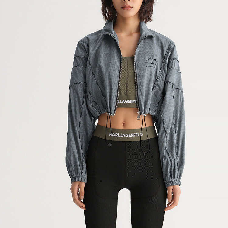 Purchase (Women) KARL LAGERFELD  Gray Logo Print Plaid Jacket with Striped Trim. 231L1516